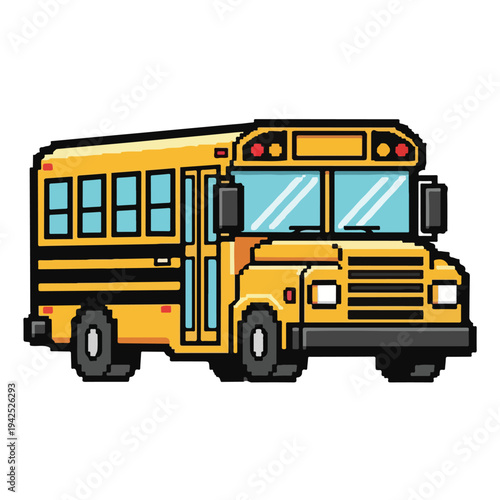 Pixel art yellow school bus on white background