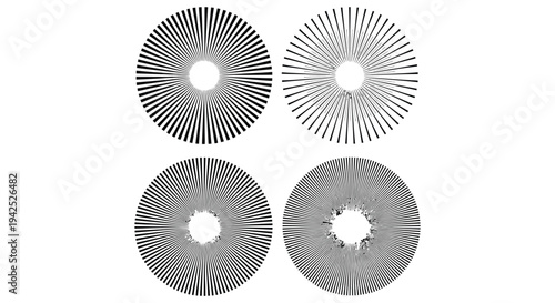 Four variations of black and white radial line pattern abstract vector graphic designs