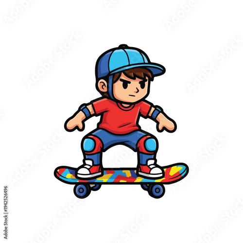 Cartoon kid skateboarding with colorful board and safety gear