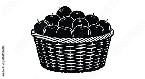 A black and white illustration of a wicker basket filled with apples