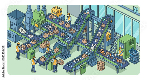 Isometric illustration of a busy recycling plant with workers sorting materials on multiple conveyor belts and machinery.
