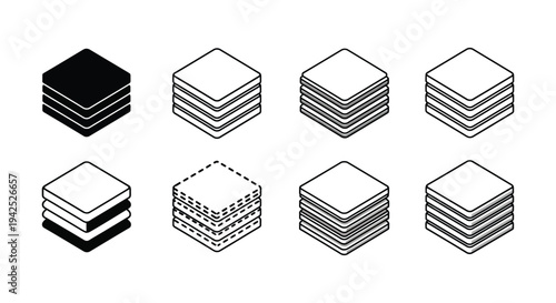 Collection of isometric stacked square vector icons representing layers or documents