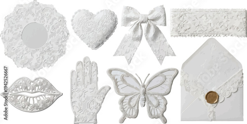 Elegant White Lace Design Elements Vector Set with Butterfly, Heart, Bow, Lips, Hand, Wreath, and Envelope for Wedding Invitations and Romantic Decorations