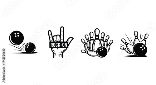Collection of black and white vector illustrations featuring bowling action and rock hand gesture
