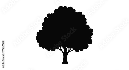 Simple black silhouette of a full rounded tree with a stout trunk