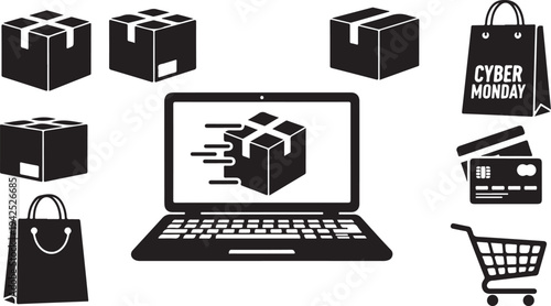 Cyber Monday online shopping icons and symbols illustration set