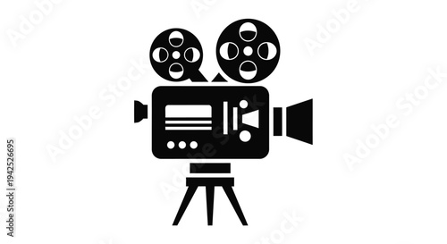 Simple black icon depicting a vintage movie camera on a tripod