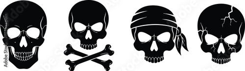 Black skull silhouette set with pirate bandana, cracked bone, crossbones, spooky horror design