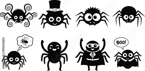 Set of cute spider silhouette characters for Halloween including superhero spider spider with top hat and spooky boo speech bubble