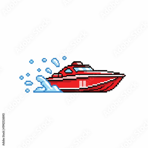 Pixel art red speedboat with water splashes