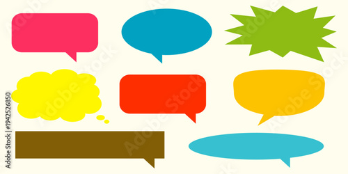 A simple design set of colorful message comment chat boxes. A collection of comic and social media speech bubbles, text boxes, and chat boxes. A vector set of comic and social media speech bubbles.