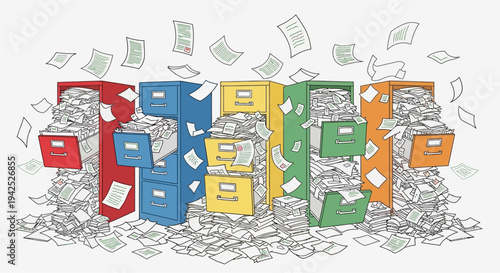 Colorful Filing Cabinets Overflowing with Documents.