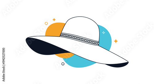 Wide brimmed white sun hat with a decorative band over colorful abstract circles on a white background for summer fashion and travel concepts.