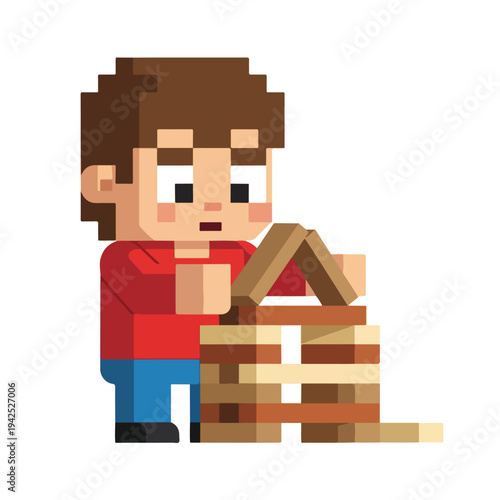 Pixelated boy building a wooden house with blocks