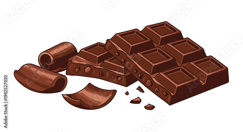 Pieces of premium dark chocolate bar with nuts and chocolate shavings scattered around for confectionery and food product design projects.