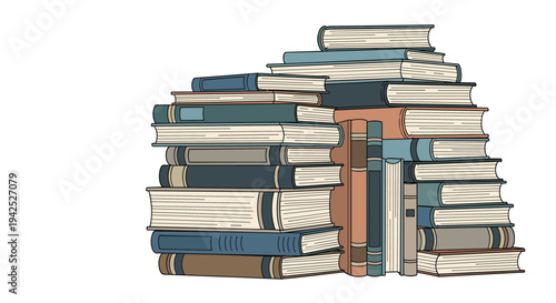 Large stack of old books with different colored spines and pages for education library literature and reading themed illustration projects.