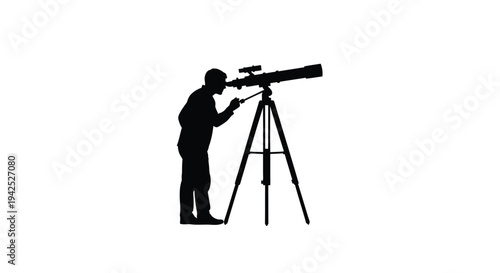 Silhouette of a person using a telescope on a tripod