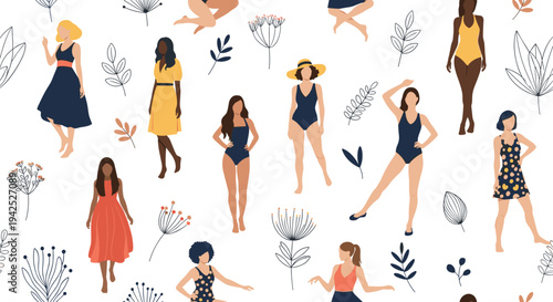 Diverse women in various summer outfits and swimwear scattered among floral elements in a seamless pattern for fashion and lifestyle designs.