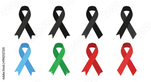 Collection of awareness ribbon vector graphics illustrating support for various causes and remembrance