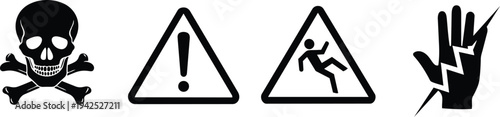 Black and white hazard silhouette icons with skull, caution triangle, slip and electric shock signs