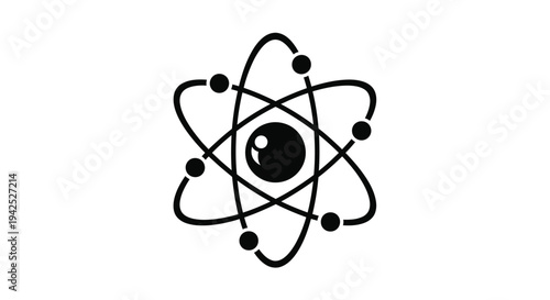 A black and white illustration depicting an atomic structure with orbiting electrons