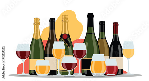 Selection of various wine and champagne bottles with filled glasses in front for holiday celebration party and beverage themed designs.