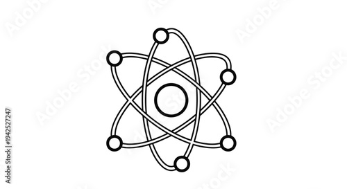 Simple black and white illustration of an atomic structure with orbiting electrons