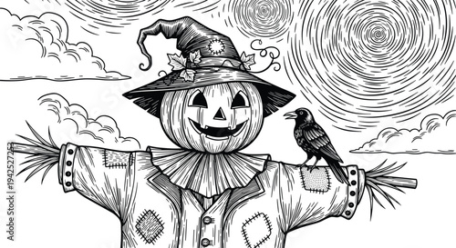 Detailed black and white sketch of a spooky halloween scarecrow with a pumpkin head and a crow on its arm under a swirling starry night sky.