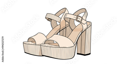 Detailed hand drawn sketch of a pair of high heel platform sandals with a wood texture on the sole for fashion and footwear design concepts.