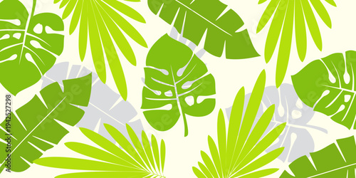 Leaves background with summer fun design concept, abstract illustration with exotic jungle leaves, colorful design, summer background, tropical leaves.Tropical leaf background, palm leaves, monstera	
