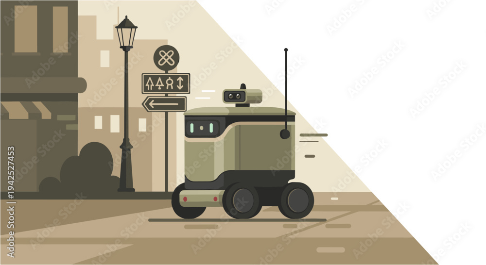 Obraz premium Autonomous delivery robot navigating a city street, showcasing modern urban logistics and futuristic last-mile solutions for efficient transportation.