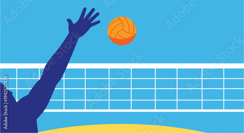 Dynamic illustration of a volleyball player mid-serve on a sandy beach court, showcasing athletic prowess and competitive spirit.