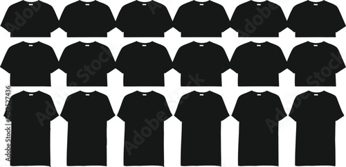 Set of eighteen black t-shirt silhouettes in various sizes and lengths for fashion apparel mockups, clothing retail, and garment manufacturing.