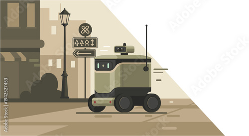 Autonomous delivery robot navigating a city street, showcasing modern urban logistics and futuristic last-mile solutions for efficient transportation.