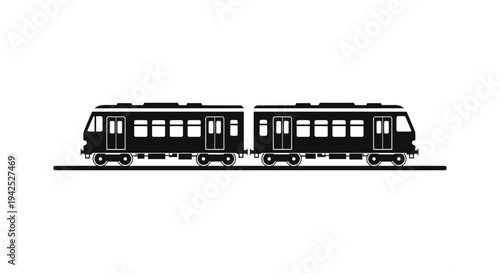 Black silhouette vector illustration of a subway train on railway tracks design.