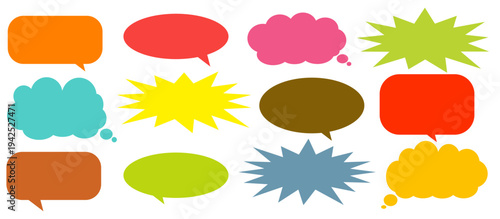 A simple design set of colorful message comment chat boxes. A collection of comic and social media speech bubbles, text boxes, and chat boxes. A vector set of comic and social media speech bubbles.