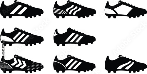 Black and White Soccer Cleat Silhouette Collection Featuring Eight Unique Stripe, Curve, and Geometric Patterns for Branding and Design Analysis
