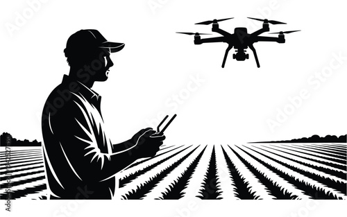 Modern farmer operating drone over farmland for smart agriculture automation, black and white silhouette graphic, precision farming and crop monitoring concept illustration, clean minimalist vector