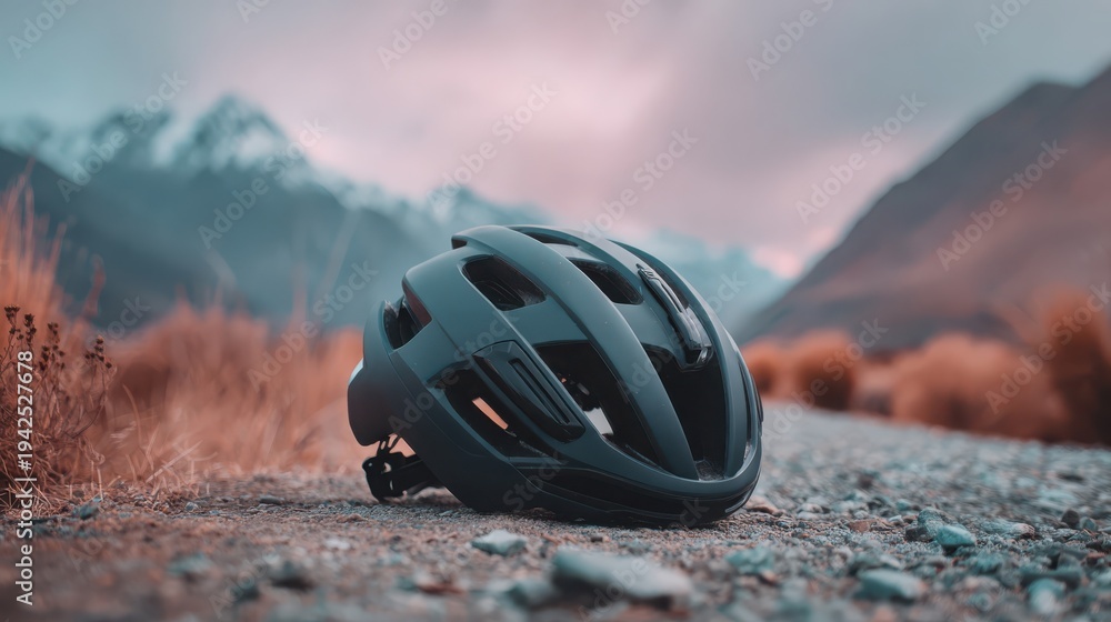 Fototapeta premium Aerodynamic Cycling Helmet with Vents and Strap Resting on Mountain Road
