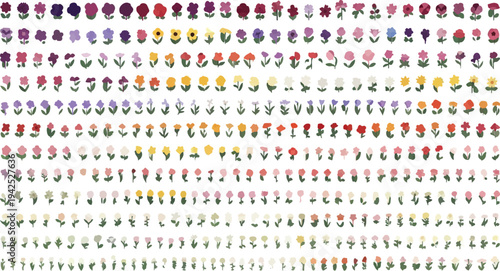 Large Set of 400+ Colorful Pixel Art Flowers Vector Icons for Game Design, Digital Graphics, and Nature-Themed Projects