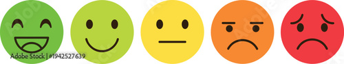Set of five colorful emoji face icons representing customer satisfaction levels from happy green to sad red on white background.
