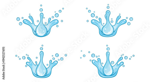 Collection of four dynamic blue water splash illustrations showing liquid droplets movement