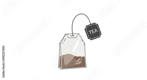 Illustration of a single tea bag with a string and a black label with tea text isolated on a white background for beverage and cafe themes.