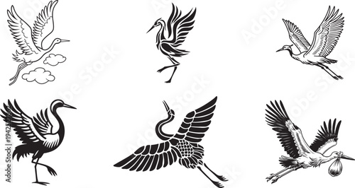 A set of vector wings and birds featuring black silhouette illustrations of flying eagles, hawks, and pigeons for nature-inspired tattoo art and freedom symbols