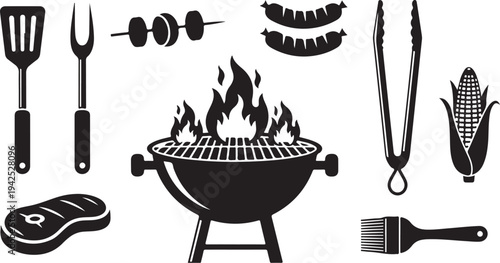 Barbecue grill with utensils and food on white background