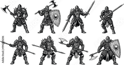 Set of hand drawn medieval knight warriors in heavy armor with swords axes and spears isolated on white background vector illustration