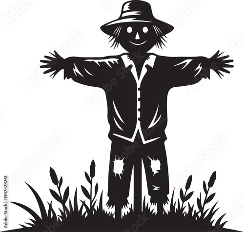 Scarecrow standing in grass with straw hat and smile
