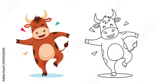 Two versions of a cute cartoon bull dancing with confetti one in full color and one as an outline for children or chinese new year themes.