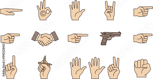 Set of hand gestures including handshake pointing fist and ok sign with pistol and pencil icons for communication and design