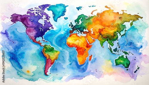 A vibrant watercolor world map with continents in bold colors and oceans in soft hues, blending geography and artistry to symbolize diversity, unity, and global creativity.